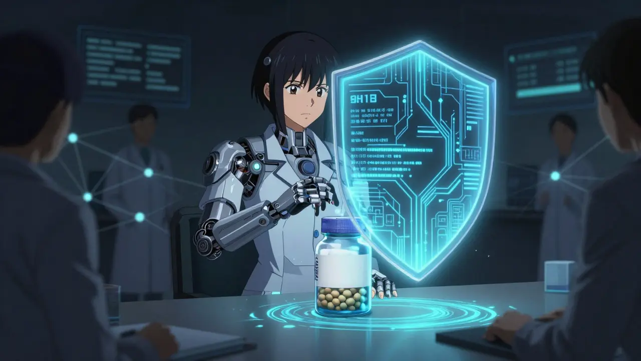 Futuristic smart pill bottle with data shield and glowing circuits