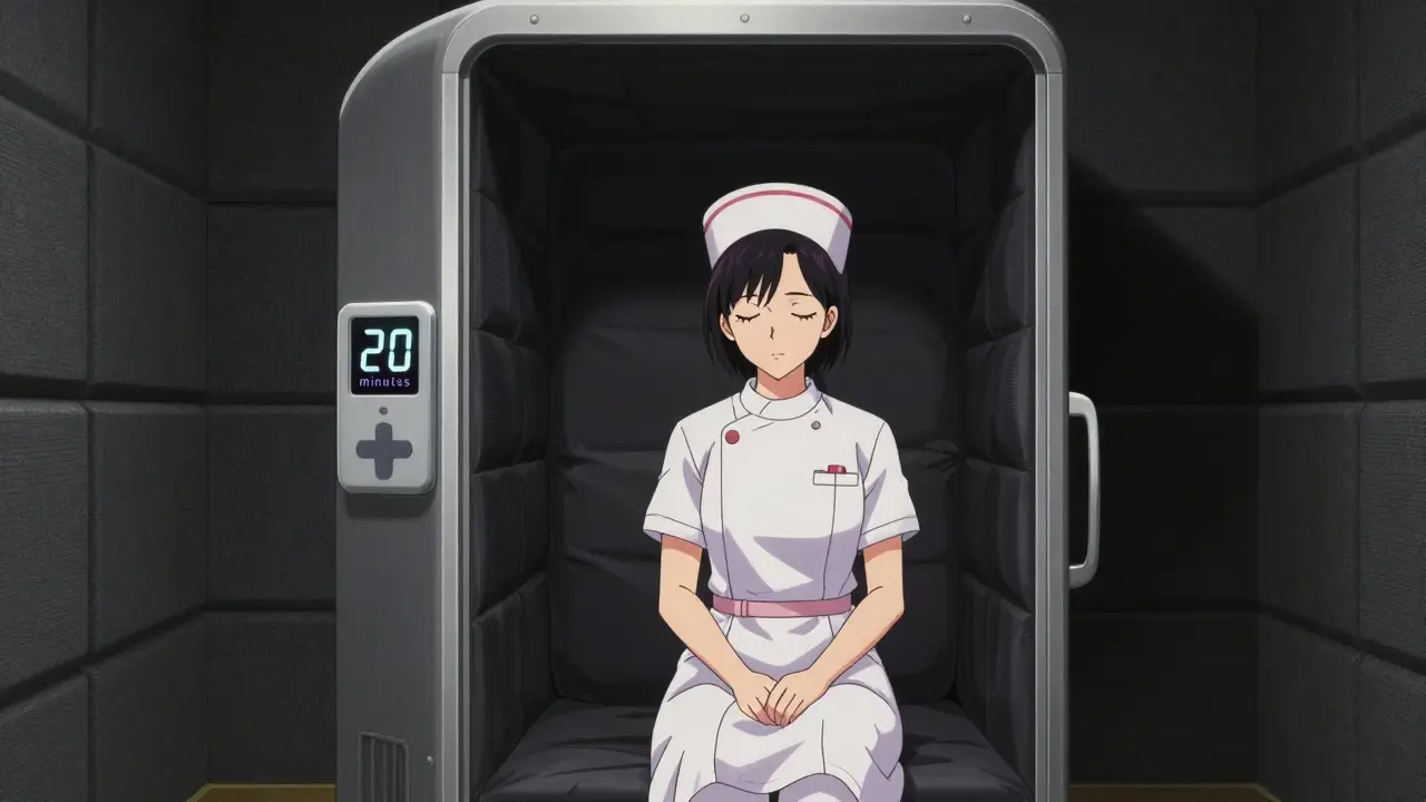 Nurse resting inside dark soundproof pod with countdown timer.