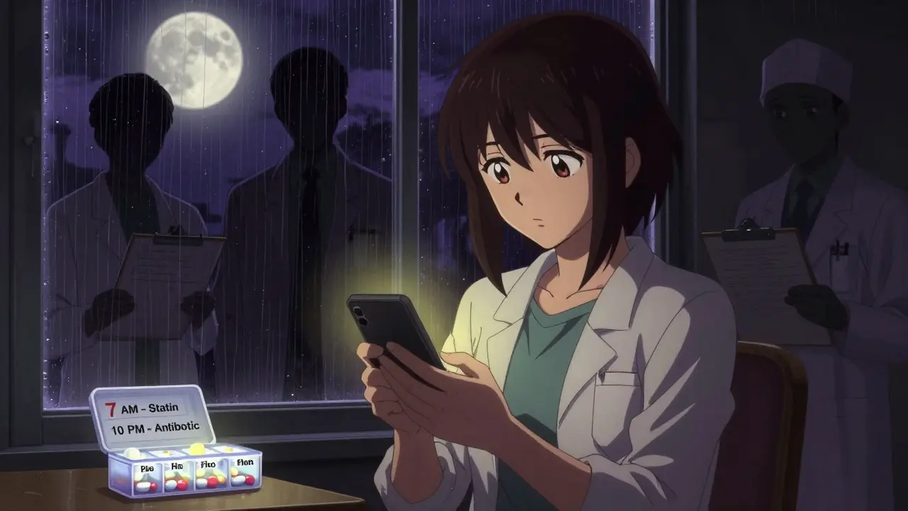 Someone sets alarms for medication times, with a pill organizer glowing under moonlight as medical figures watch silently.