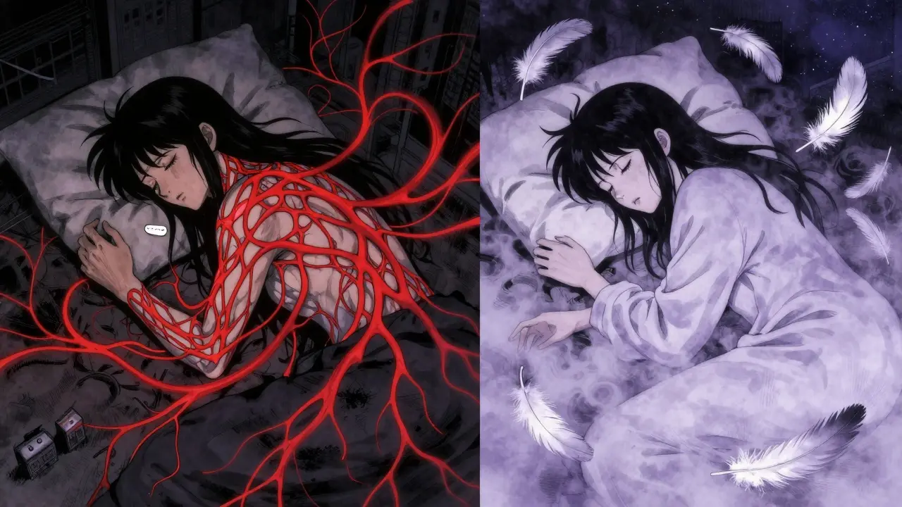 Split scene: one side shows anxiety from nighttime SSRI use, the other calm sleep with mirtazapine under soft lavender light.