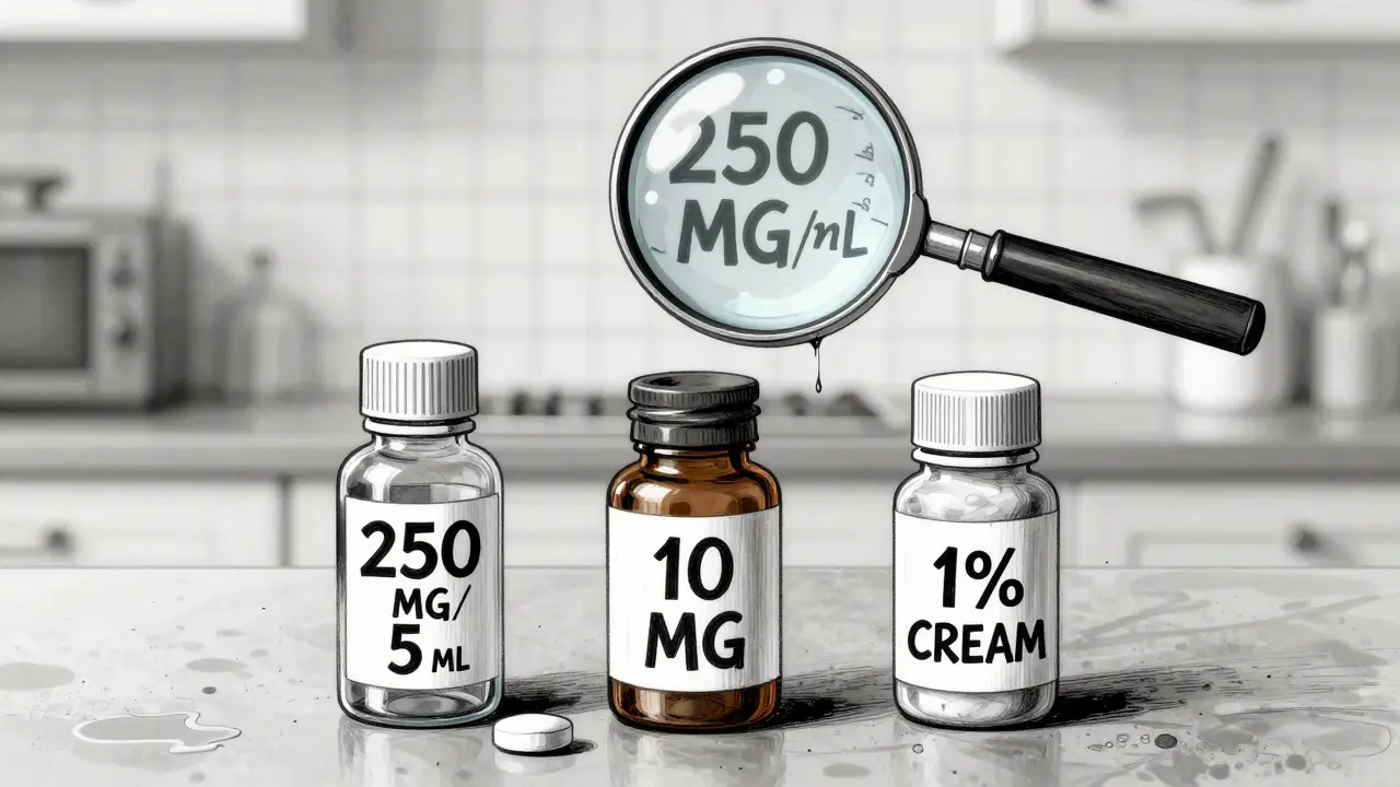 Three medication containers labeled with dosages, magnifying glass hovering above, ink-splattered details.