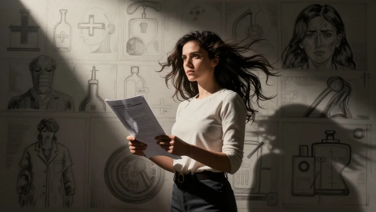 Woman standing confidently with information in dramatic lighting