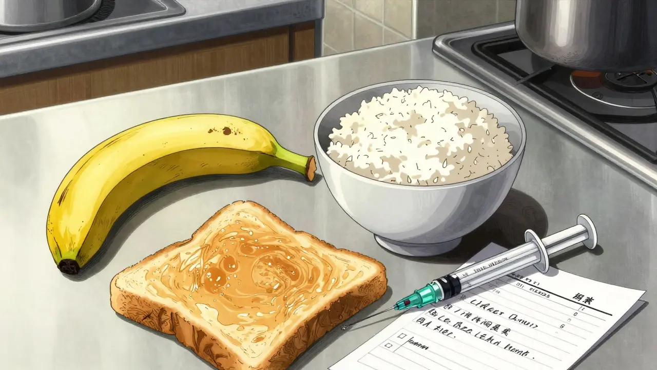 A bland BRAT diet meal next to an oral syringe and medication log.