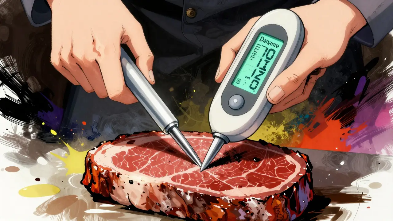 A digital meat thermometer checking food temperature in a high-contrast, artistic anime style.