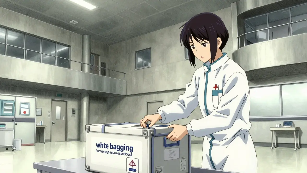 A healthcare professional receiving a specialty drug package in a sterile clinic, anime style.