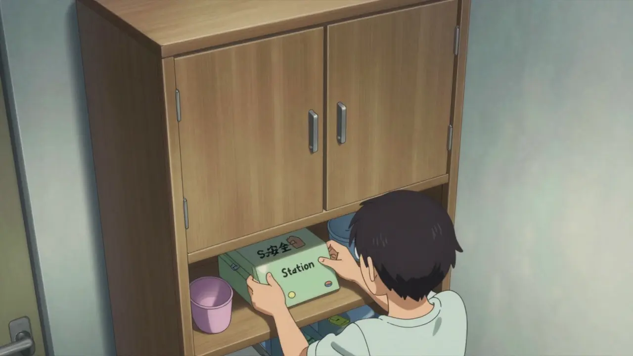 A high, locked medicine cabinet installed for child safety in a home.