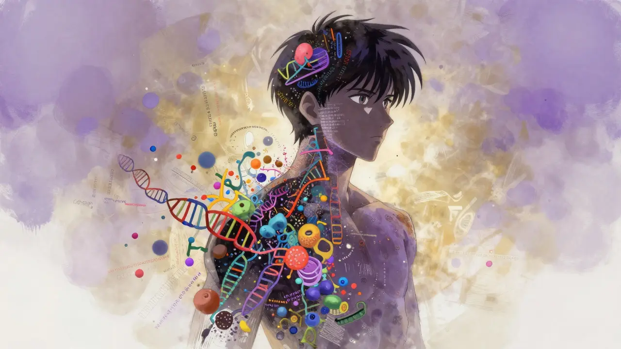 A human silhouette dissolving into colorful DNA and protein data layers.