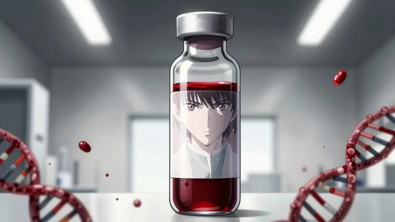 A liquid biopsy vial reflecting a scientist in a high-contrast manga style.