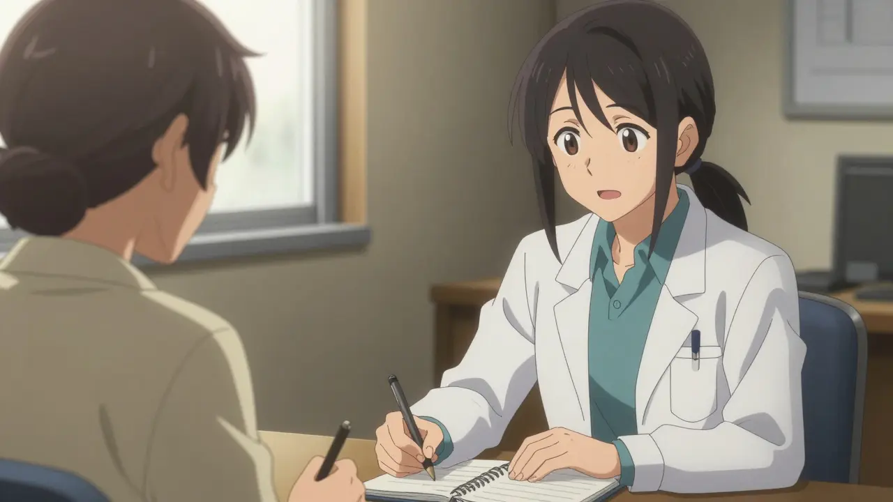 A patient and doctor discussing a medication switch and symptom journaling