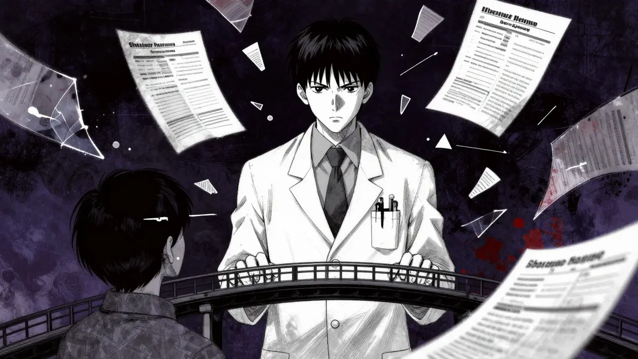 A pharmacy provider managing complex medical data in a surreal, expressive manga style.