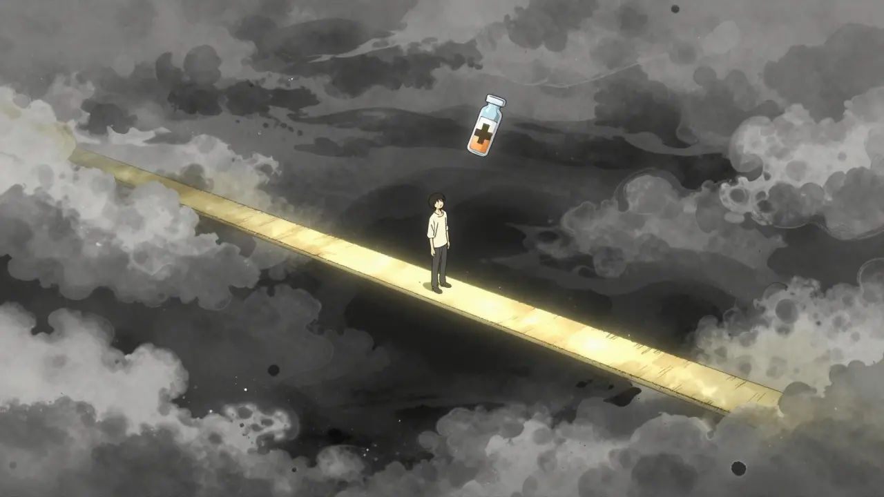 A symbolic golden bridge connecting a patient to life-saving medication.