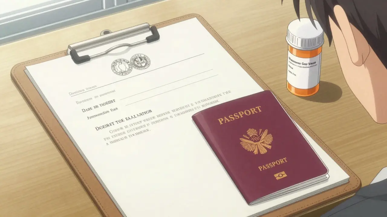 Close-up of a medical travel letter, passport, and pharmacy bottles in a watercolor anime style.