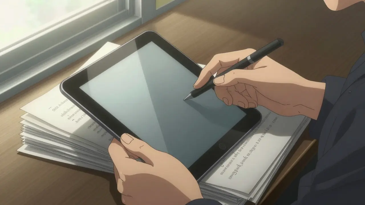 Close-up of hands organizing medical documents and an application on a tablet.