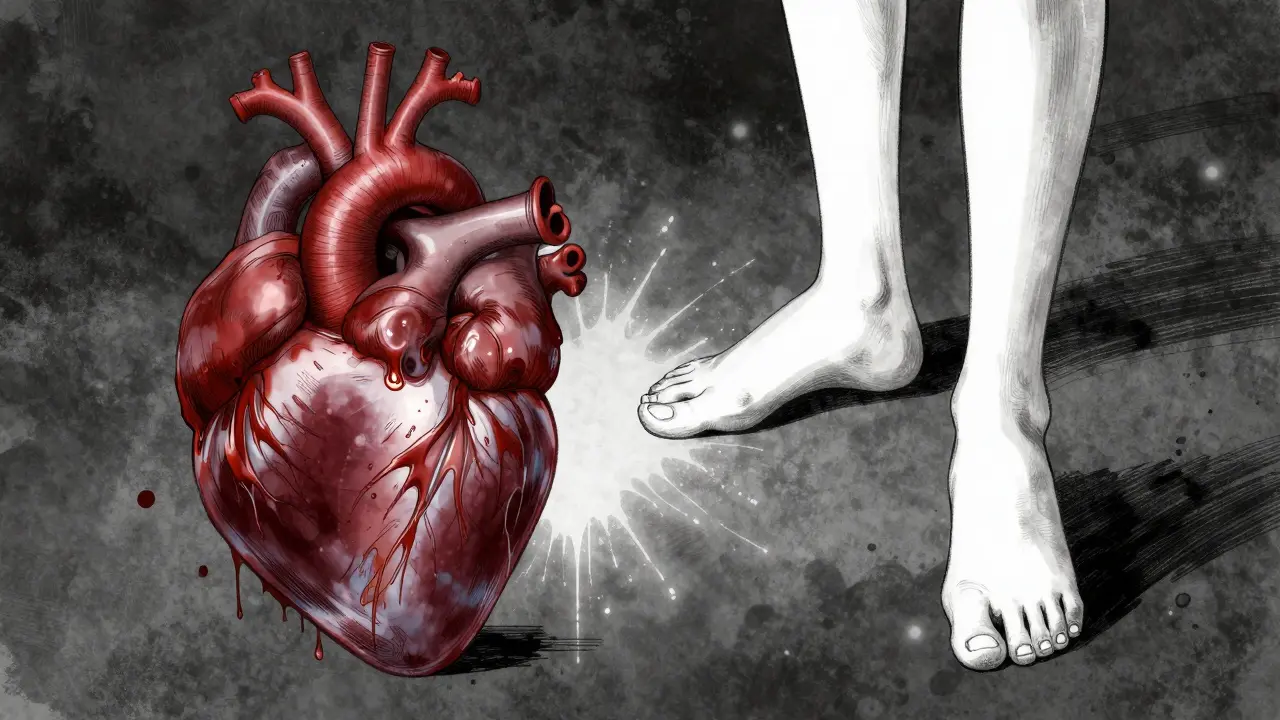 Conceptual art of a heart and unsteady feet in a dark, ink-wash manga style.