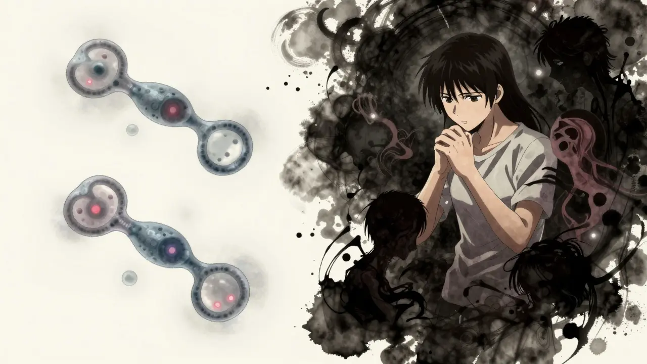 Conceptual art showing identical proteins and a person's psychological distress