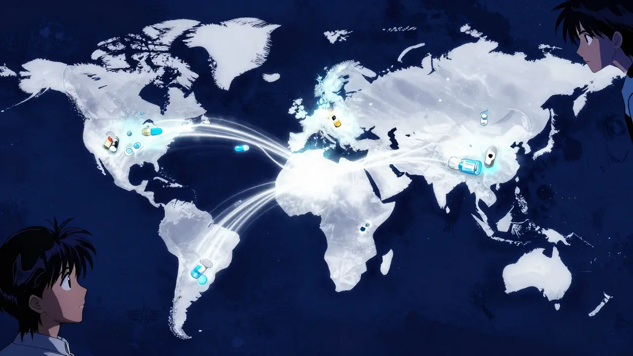 Glowing streams of medicine flowing from India to the USA, UK, and Africa in a stylized anime art style.