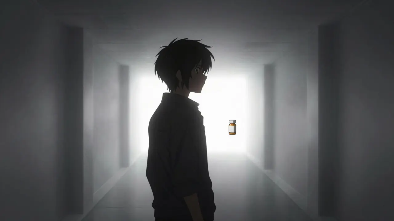 Person holding a prescription bottle in a sterile environment with dramatic lighting