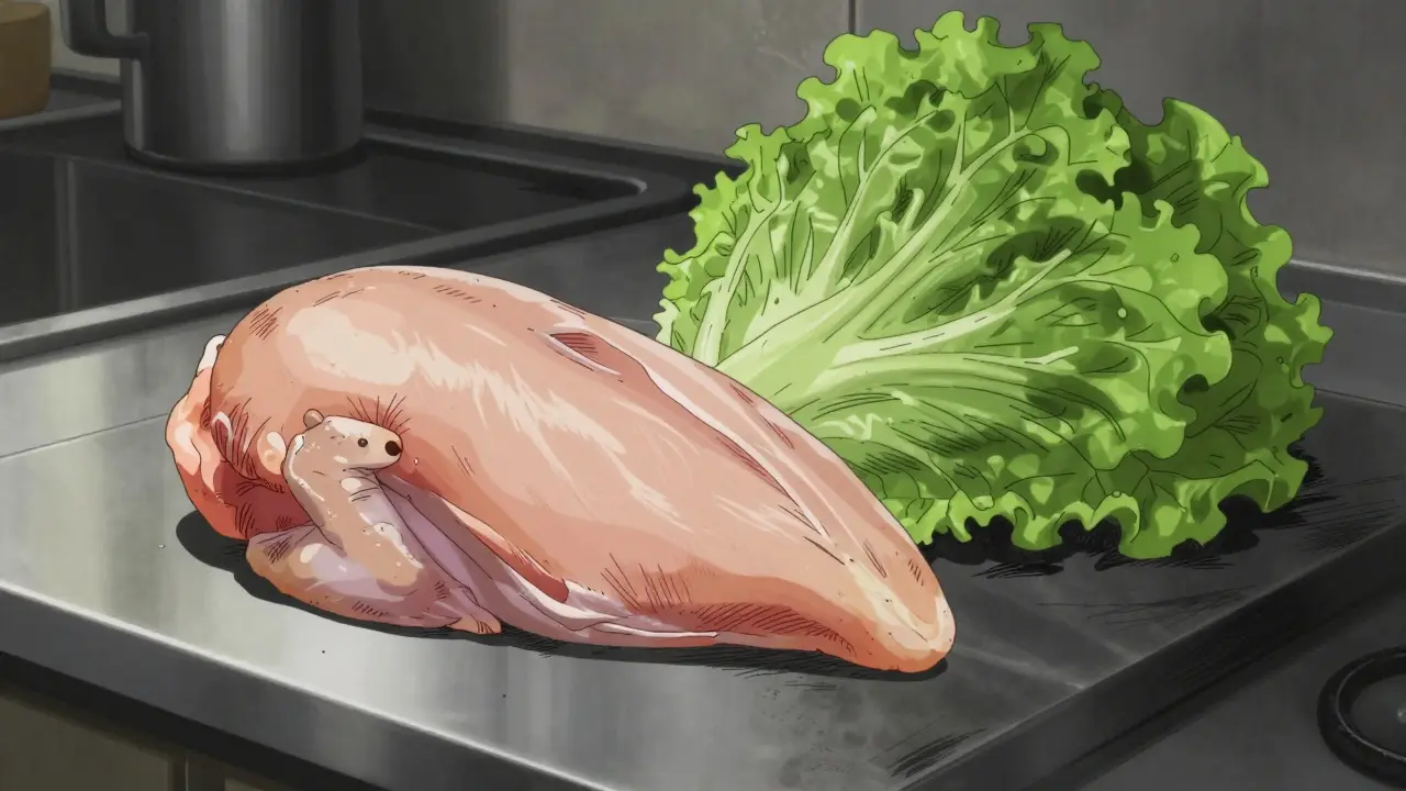 Raw chicken and lettuce on a kitchen counter, illustrating cross-contamination in a dark anime style.