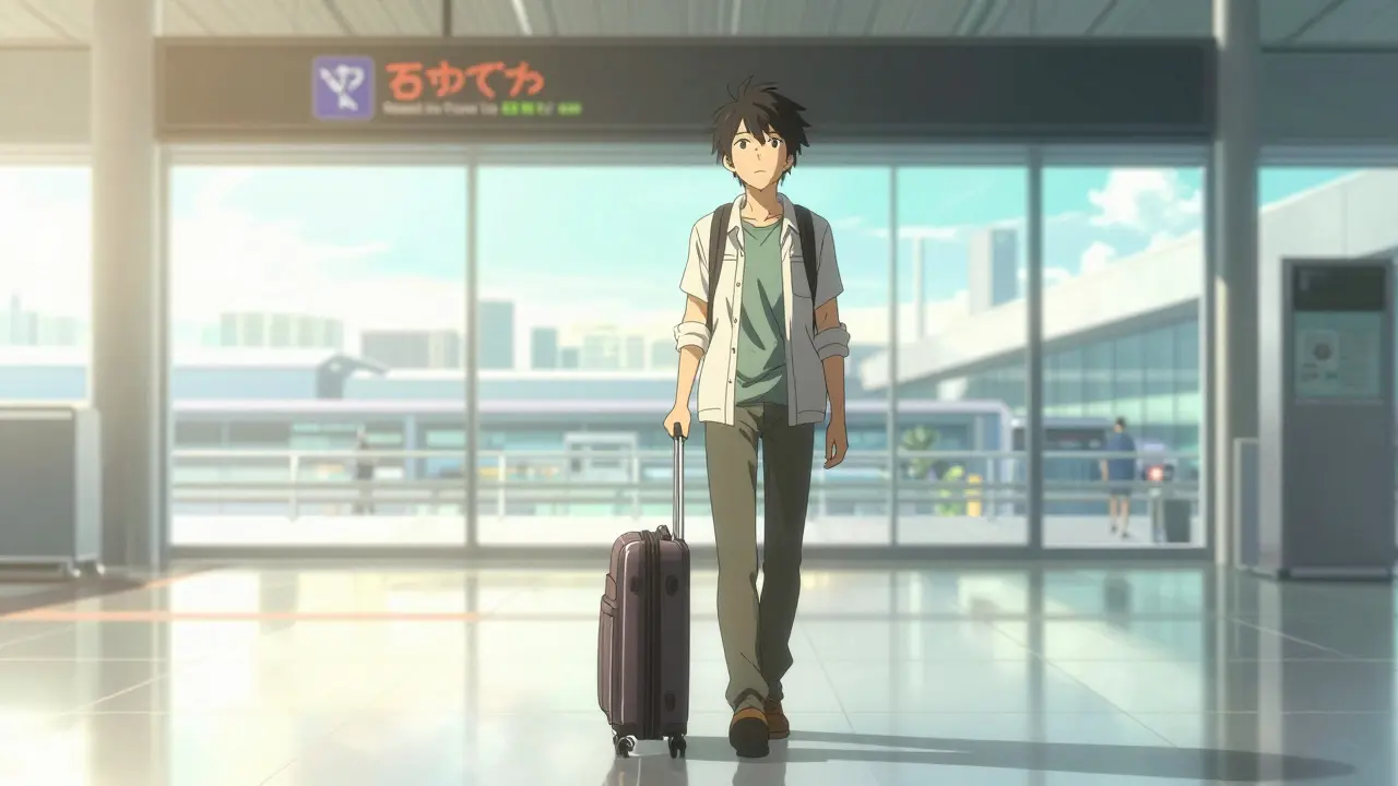 Relieved traveler walking through a sunlit airport terminal in a stylized anime art style.