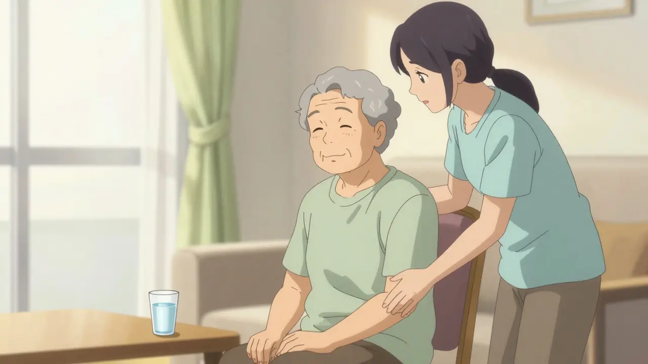 Senior person sitting calmly with a caregiver in a soft, bright anime style.