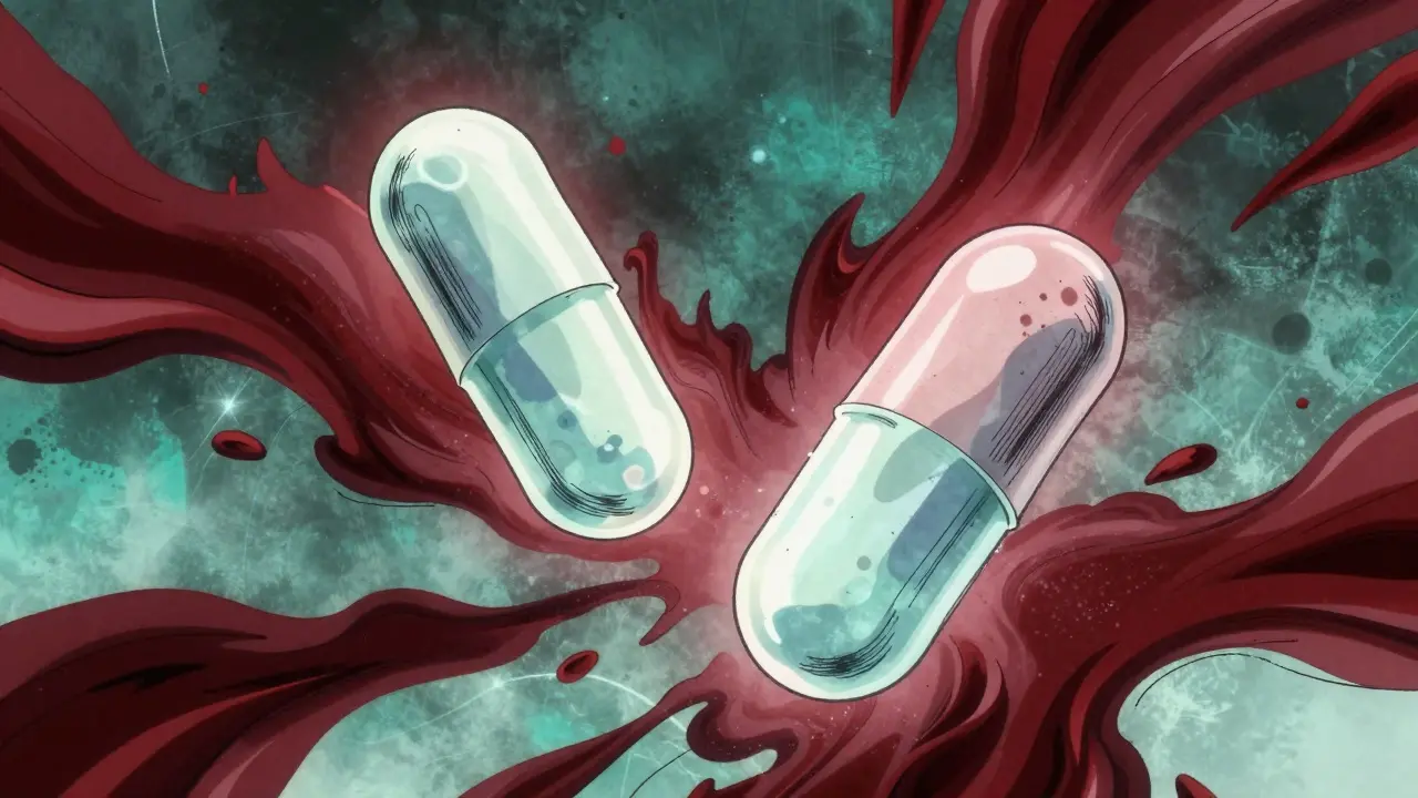 Two translucent medicine tablets floating in a surreal void with red and teal fluid lines
