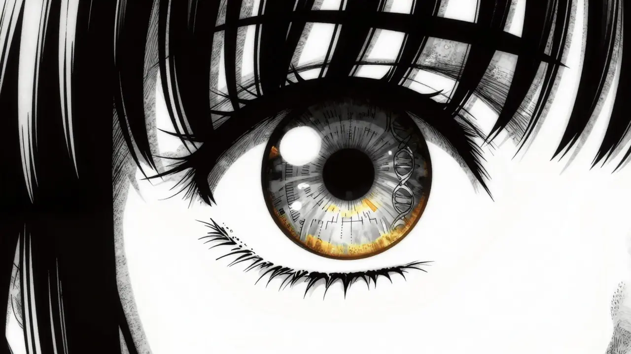 Close-up of an eye with a golden Kayser-Fleischer ring in the iris.