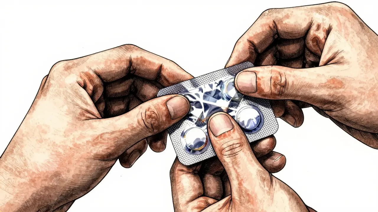 Close up of hands inspecting sealed medication blister pack