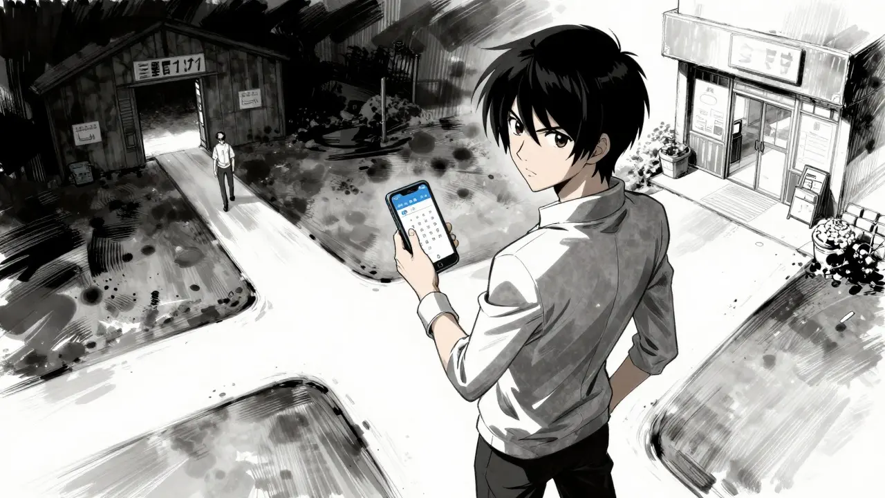 Determined character choosing between mail-order and local pharmacy paths