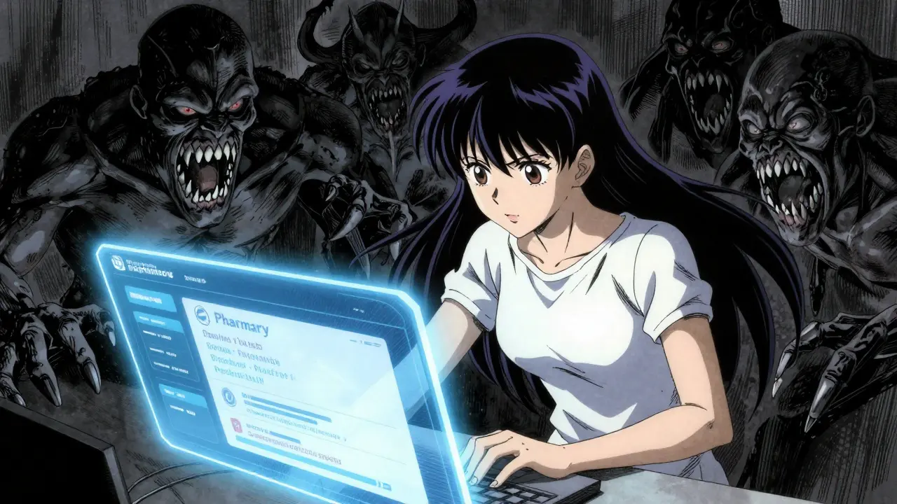 Digital pharmacy shielded from shadowy monster scams in gritty manga art