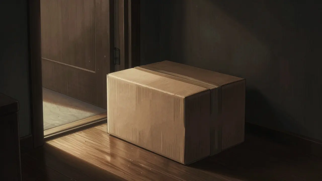 Discreet package on floor in shaft of sunlight