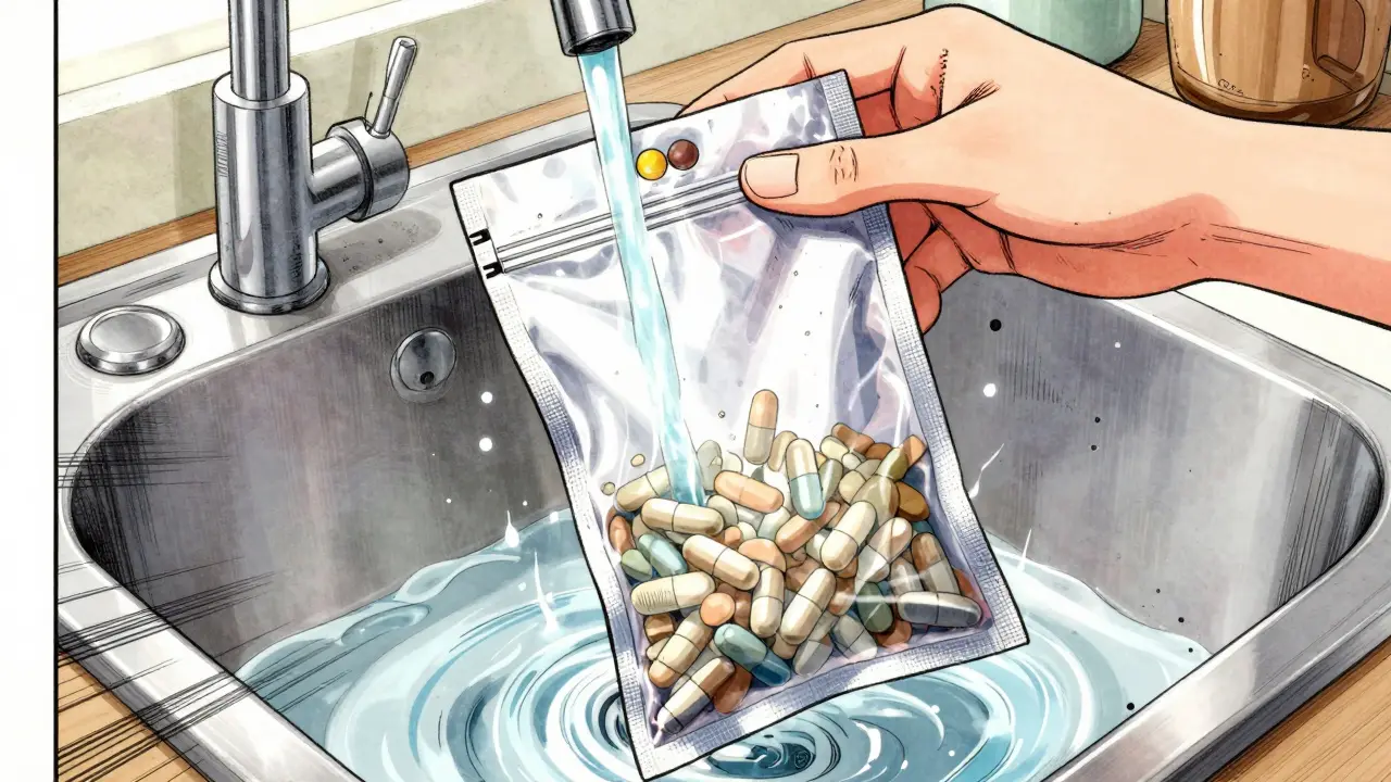 Hands pouring water into a drug deactivation pouch at a sink