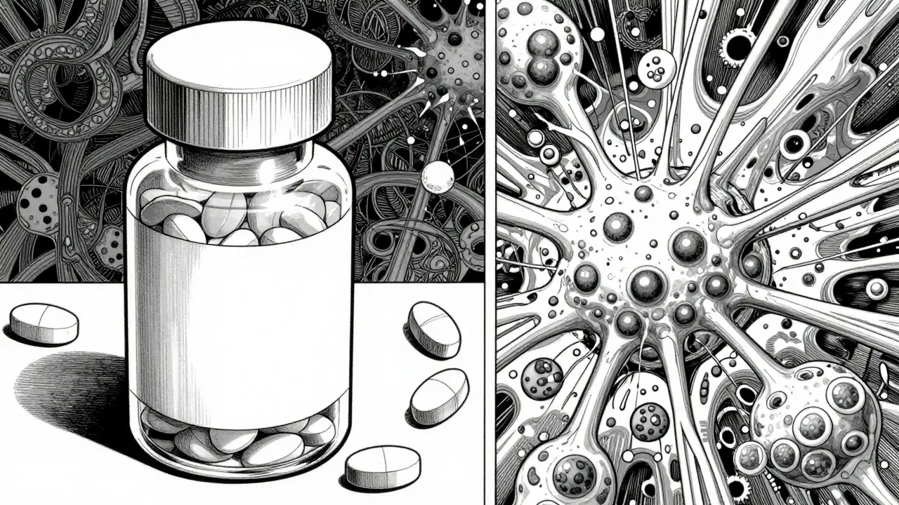 Manga art showing pills causing internal cellular damage over time