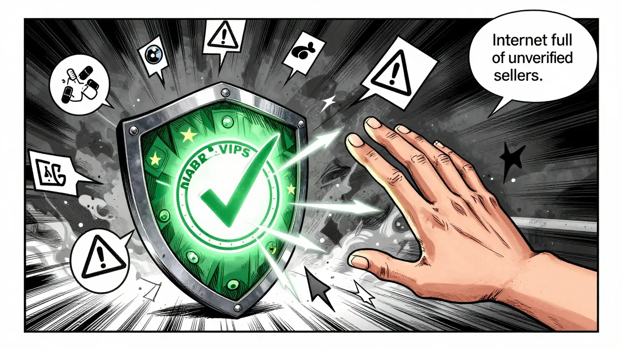 Manga illustration of shield protecting against fake drug scams