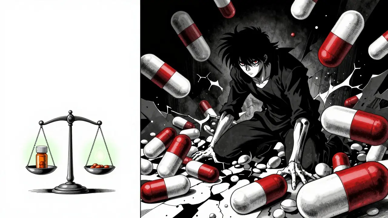 Manga style split scene showing safe dosage vs dangerous overdose effects on bones