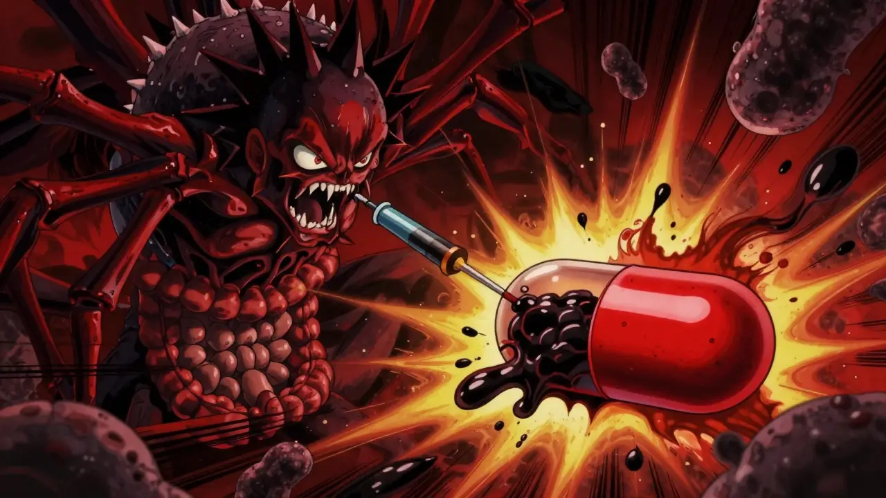 Menacing microbes transforming medication into toxic substances in manga art.