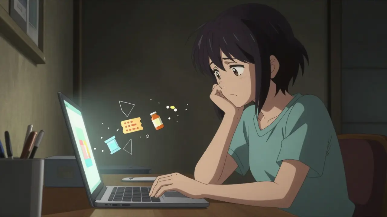 Person relieved while ordering cheap meds on laptop in Sui Ishida style