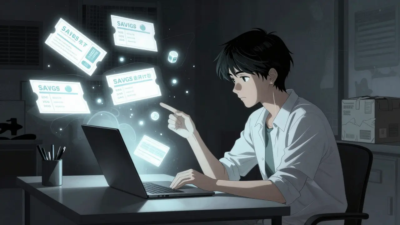 Person researching meds online with floating coupon symbols, anime style