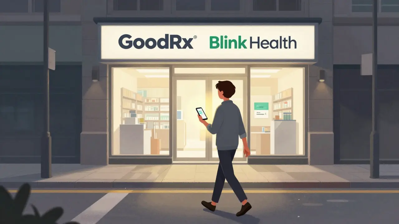 Person walking to pharmacy holding phone with coupon