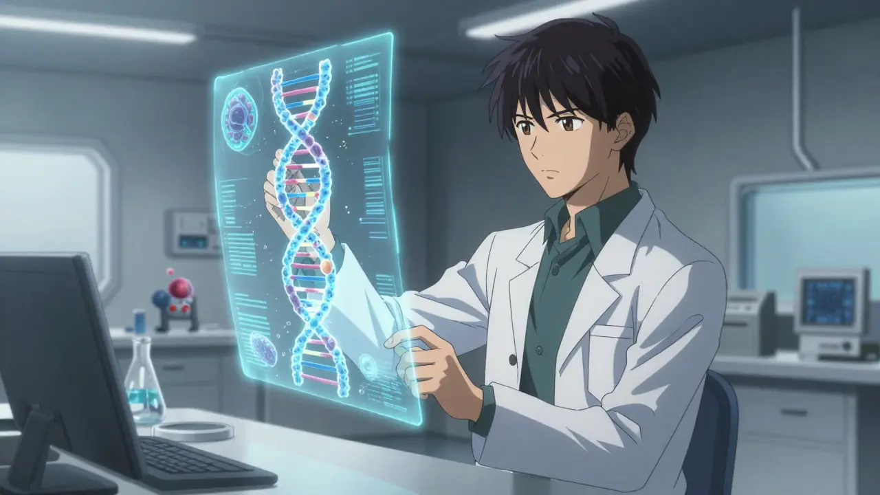 Scientist analyzing microbiome data in a futuristic lab, anime style.