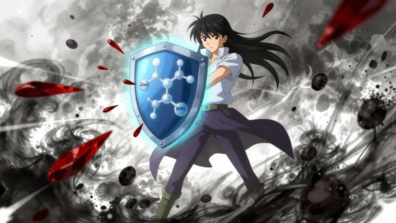 Stylized figure using molecular shields to block toxic particles.