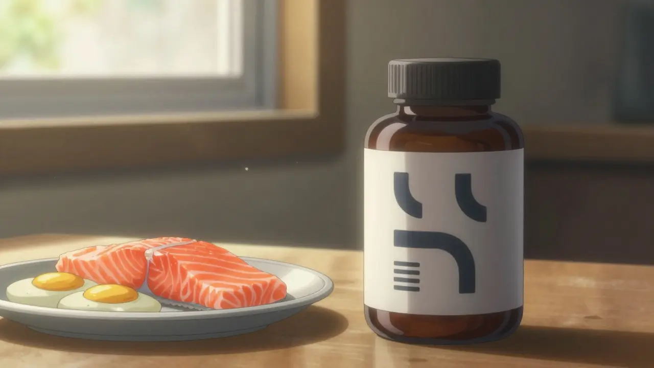 Supplement bottle and food sources in warm sunlight, detailed anime illustration