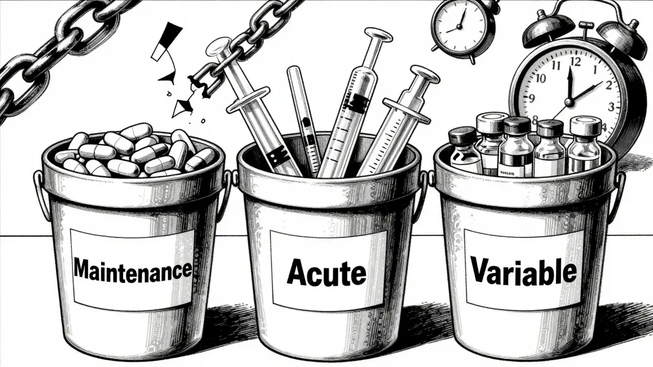 Three buckets symbolizing maintenance, acute, and variable medication types