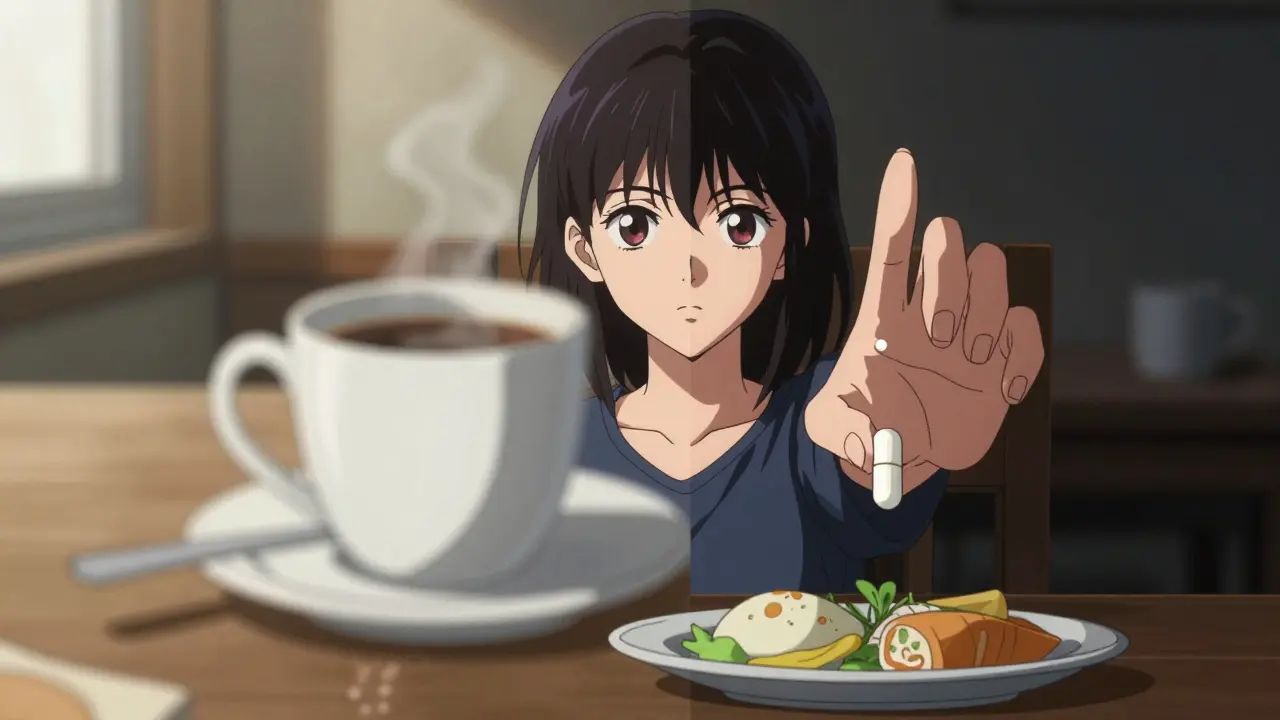 A stylized Sui Ishida composition contrasting morning restrictions with evening calcium intake, highlighting the importance of separation between medications.
