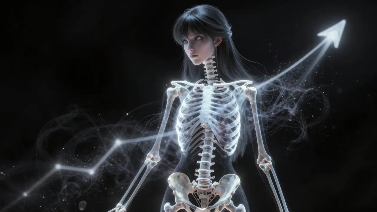 An artistic Sui Ishida rendering of bone strengthening over time, using ethereal light against a dark background to represent successful fracture prevention.