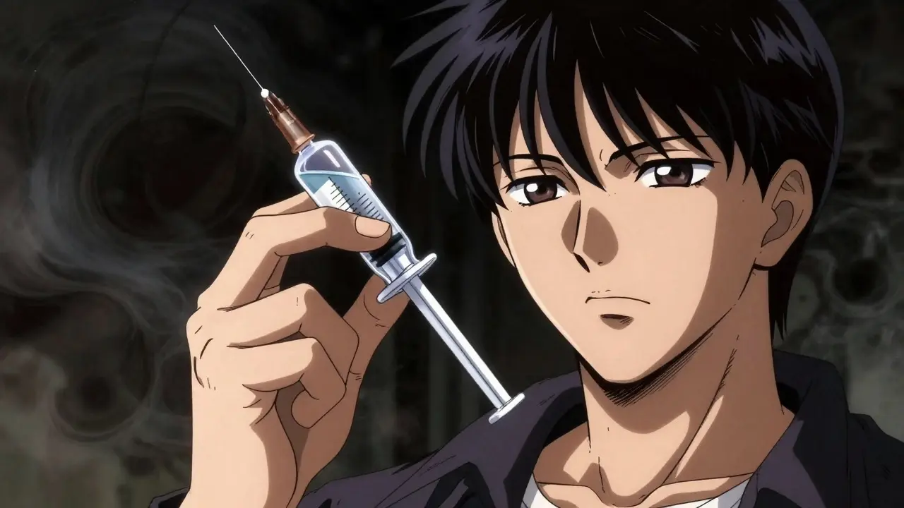 Close up of hand holding insulin syringe with dark background