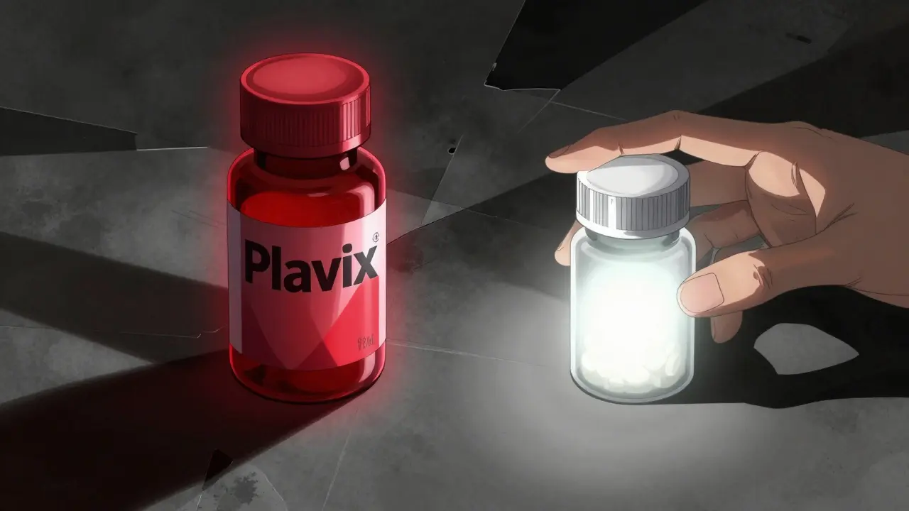 Comparison of expensive brand name drug glowing red vs cheap generic pill glowing white
