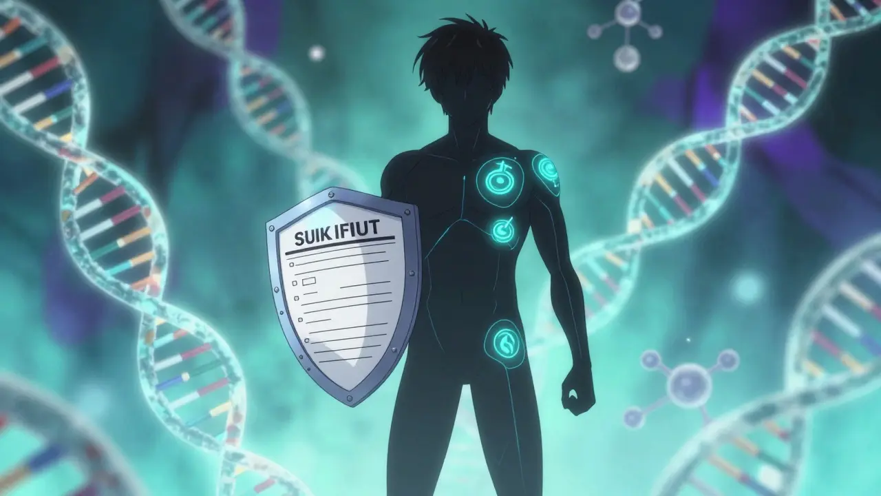 Conceptual art of DNA strands and medical records protecting a human silhouette.