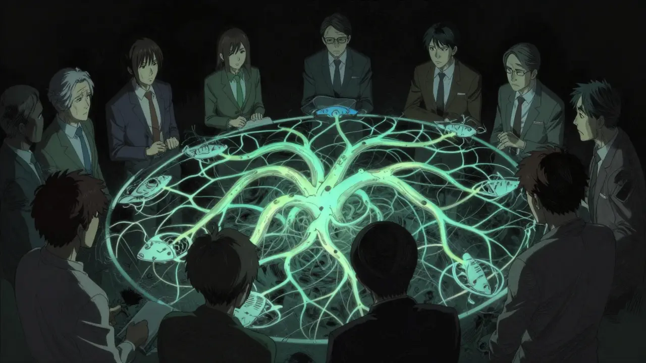 Dark manga illustration of team analyzing complex root cause diagram