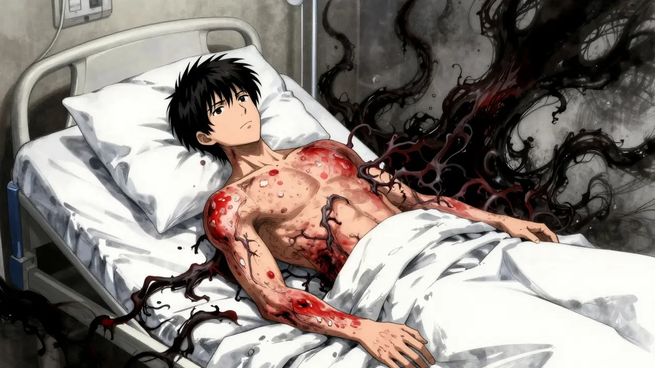 Dramatic illustration of severe skin reaction symptoms with dark, ominous shading.
