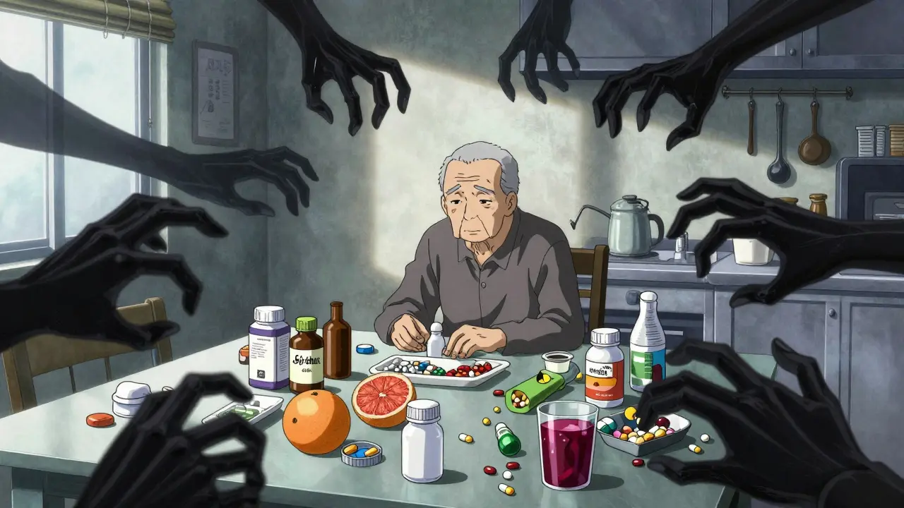 Elderly person overwhelmed by pills